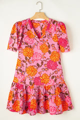 Pink Floral Bubble Sleeve V Neck Ruffled Mini Dress Floral Dresses JT's Designer Fashion