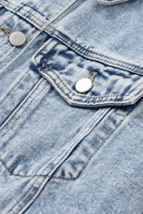 Sky Blue Lapel Distressed Raw Hem Buttons Denim Jacket Denim Jackets JT's Designer Fashion