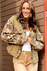 Khaki Waffle Knit Floral Print Patchwork Button up Jacket Jackets JT's Designer Fashion