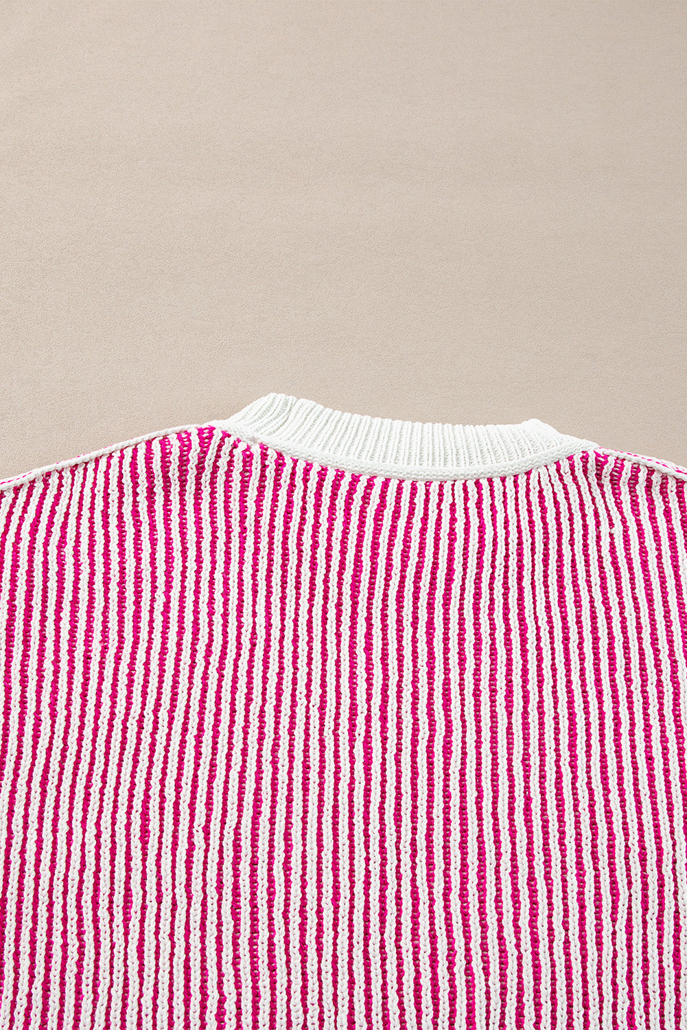 Bright Pink Striped Textured Knit Contrast Edge Loose Sweater Sweaters JT's Designer Fashion