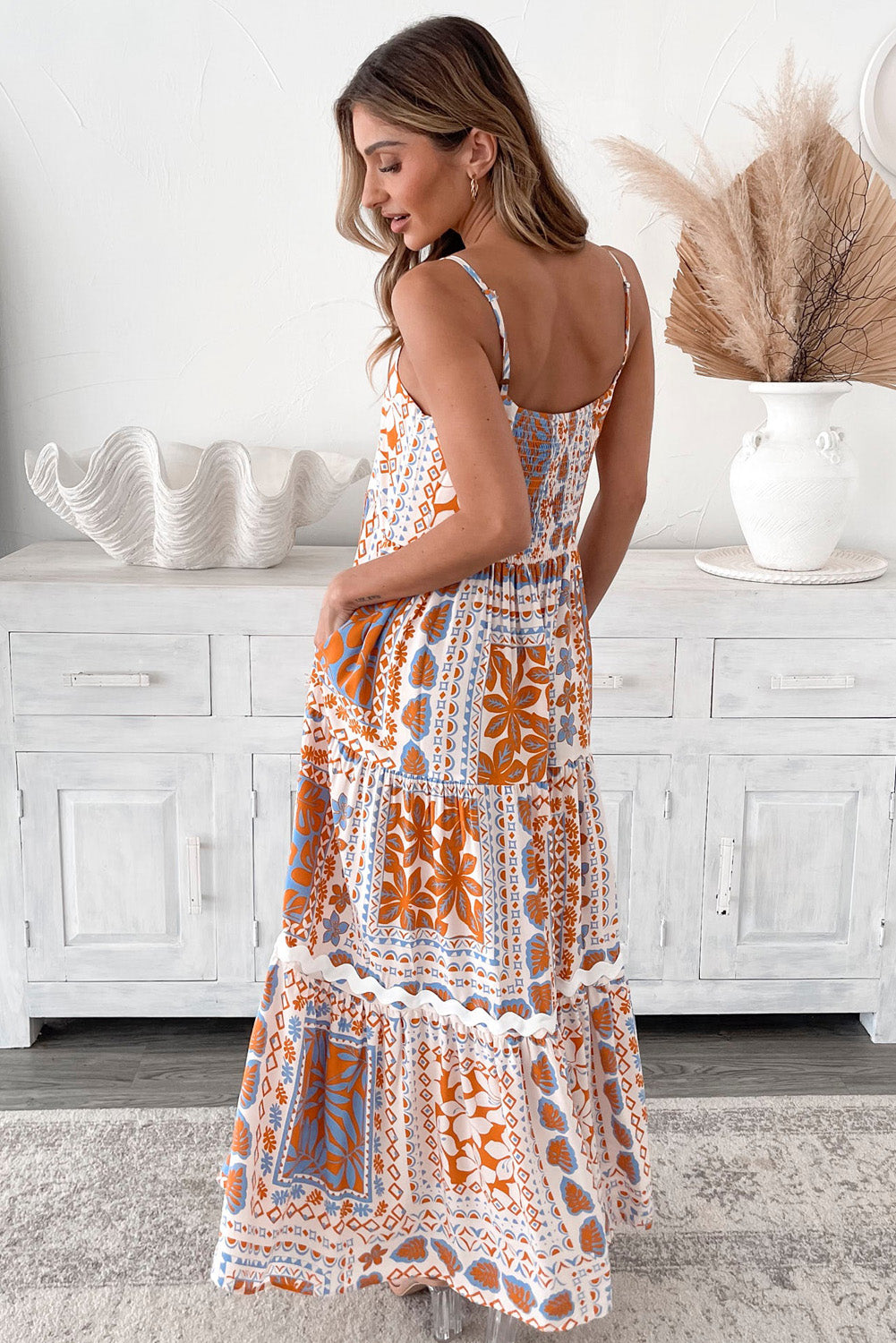 Orange Multi Printed Ricrac Trim Spaghetti Straps Long Dress Maxi Dresses JT's Designer Fashion