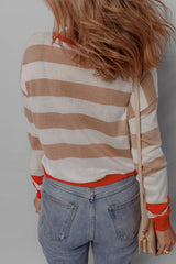 Apricot Colorblock Striped Round Neck Drop Shoulder Sweater Sweaters JT's Designer Fashion