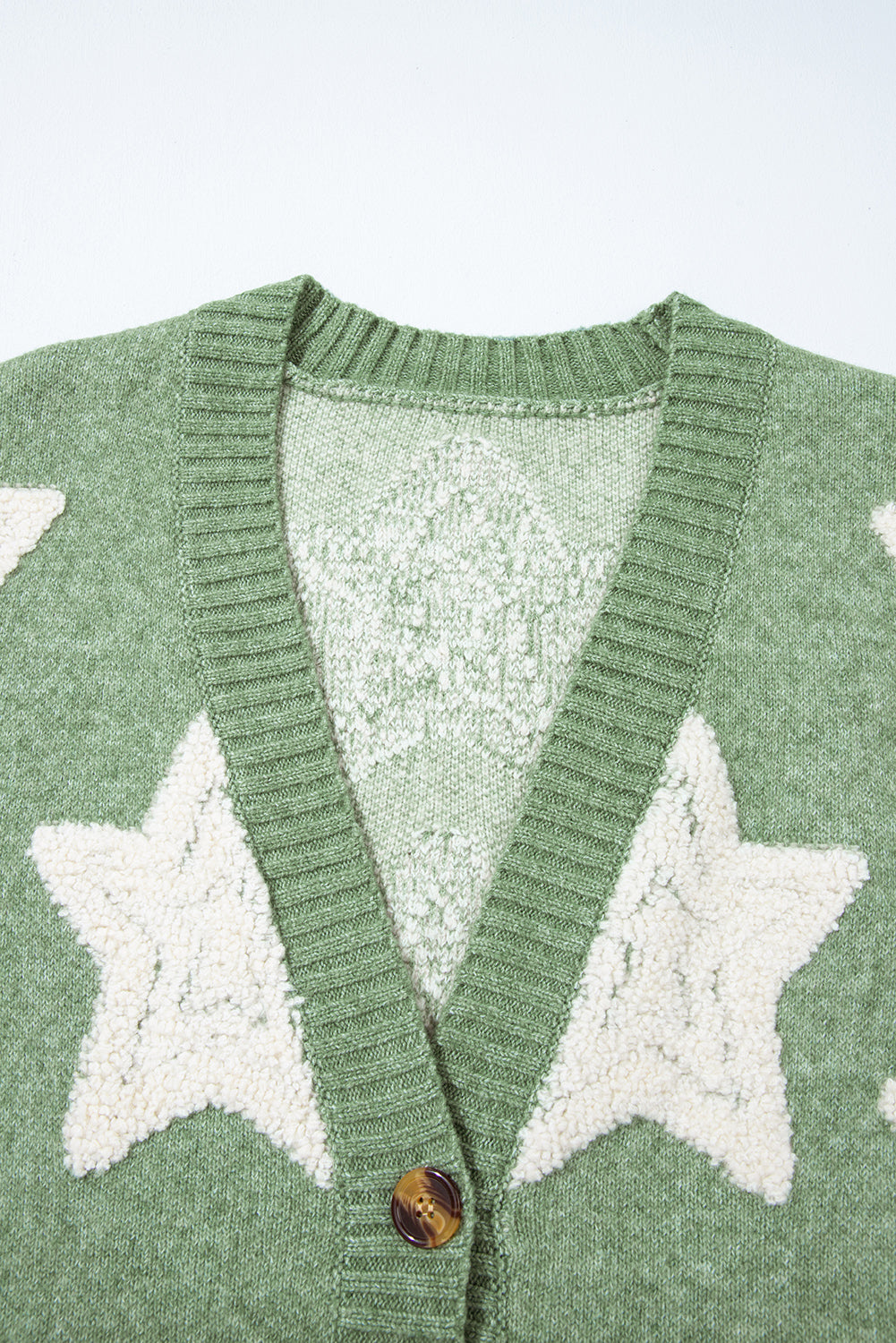 Green Sherpa Star Pattern Textured Sweater Cardigan with Pockets Cardigans JT's Designer Fashion
