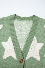 Green Sherpa Star Pattern Textured Sweater Cardigan with Pockets Cardigans JT's Designer Fashion