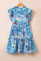 Sky Blue Floral Flutter Sleeve V Neck Ruffled Dress Floral Dresses JT's Designer Fashion
