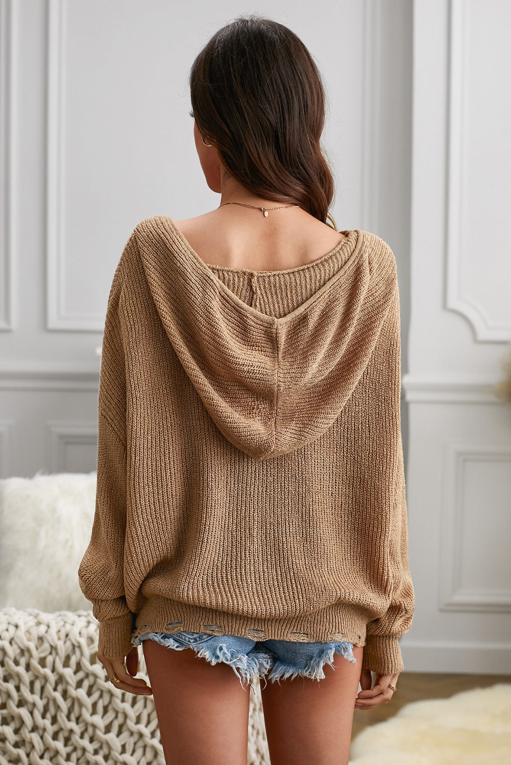 Khaki Zipper V-neck Dropped Sleeve Hooded Solid Sweater Sweaters & Cardigans JT's Designer Fashion