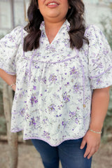 Purple Floral Trimmed Detail Split Neck Plus Size Top Plus Size Blouses & Shirts JT's Designer Fashion