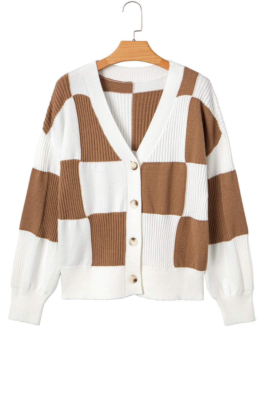 Khaki Checkered Pattern Ribbed Detail Button V Neck Sweater Cardigan Cardigans JT's Designer Fashion