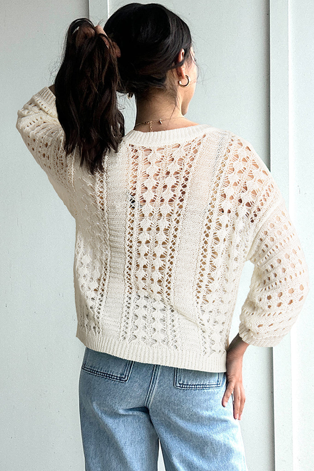 White Hollow Out Knit Bracelet Sleeve Drop Shoulder Sweater Sweaters JT's Designer Fashion