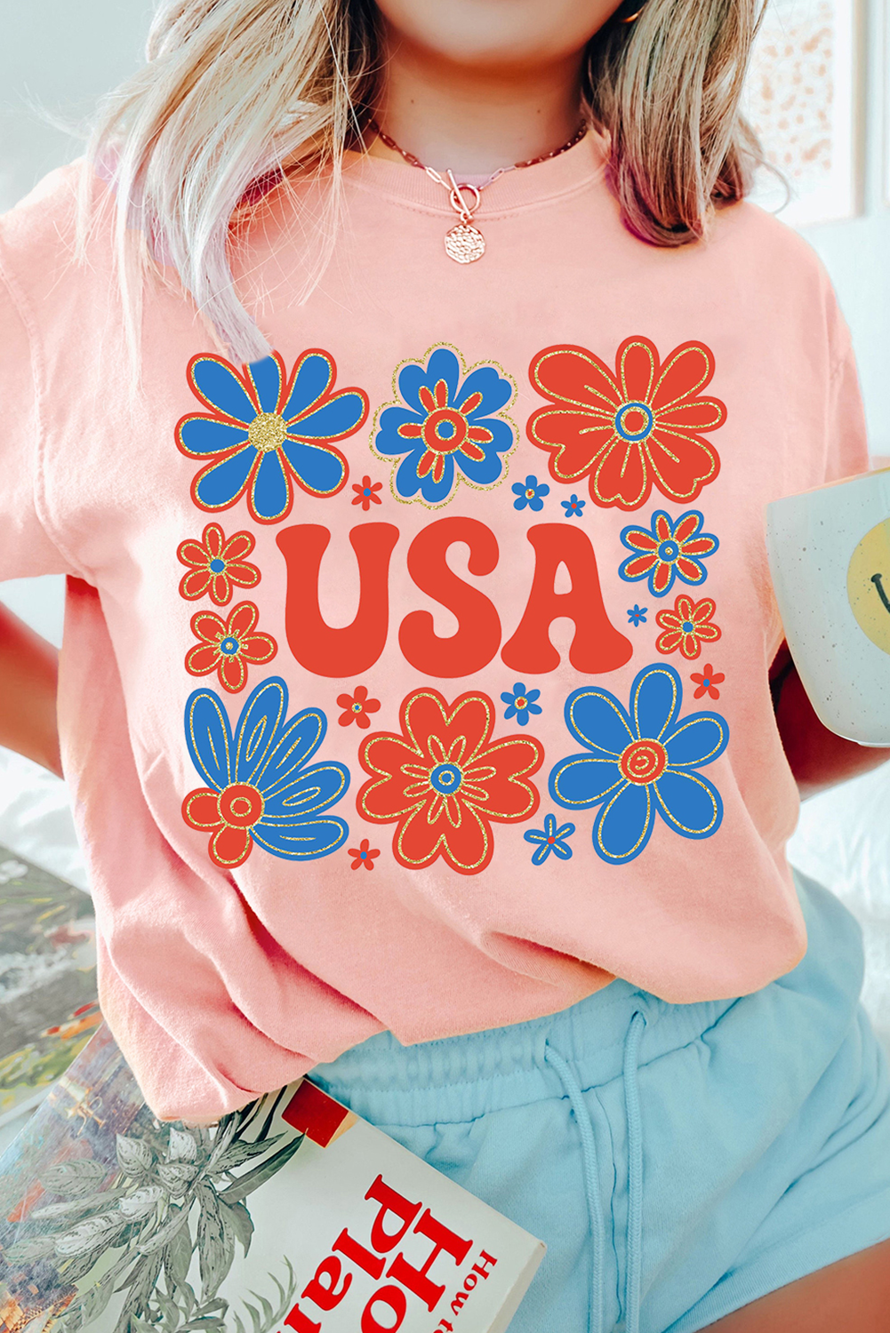 Pink Shimmer Flower USA Letter Printed Casual T Shirt Graphic Tees JT's Designer Fashion