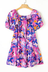 Purple Flower Print Short Puff Sleeve Ruffled Dress Floral Dresses JT's Designer Fashion