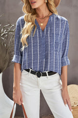 Blue Striped V Neck Pocket Long Sleeve Top Long Sleeve Tops JT's Designer Fashion