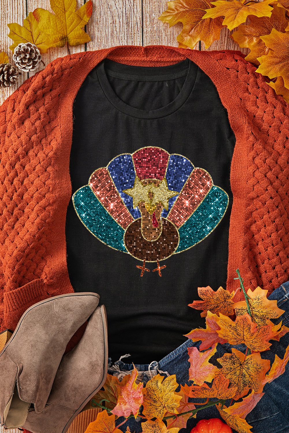 Black Glitter Turkey Graphic Thanksgiving T Shirt Graphic Tees JT's Designer Fashion