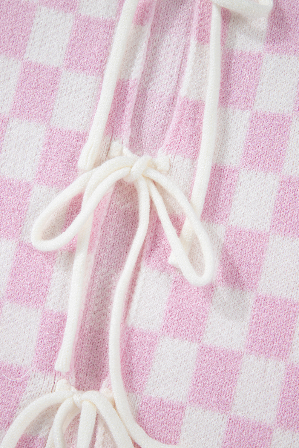 Light Pink Checkered Knitted Lace-up Ruffled 3/4 Sleeve Cardigan Cardigans JT's Designer Fashion