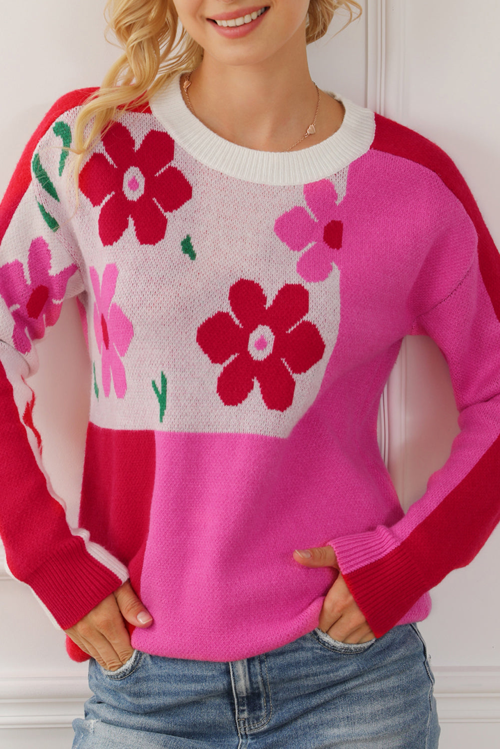Rose Red Floral Mixed Color Block Sweater Sweaters & Cardigans JT's Designer Fashion