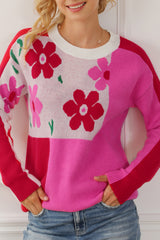 Rose Red Floral Mixed Color Block Sweater Sweaters & Cardigans JT's Designer Fashion