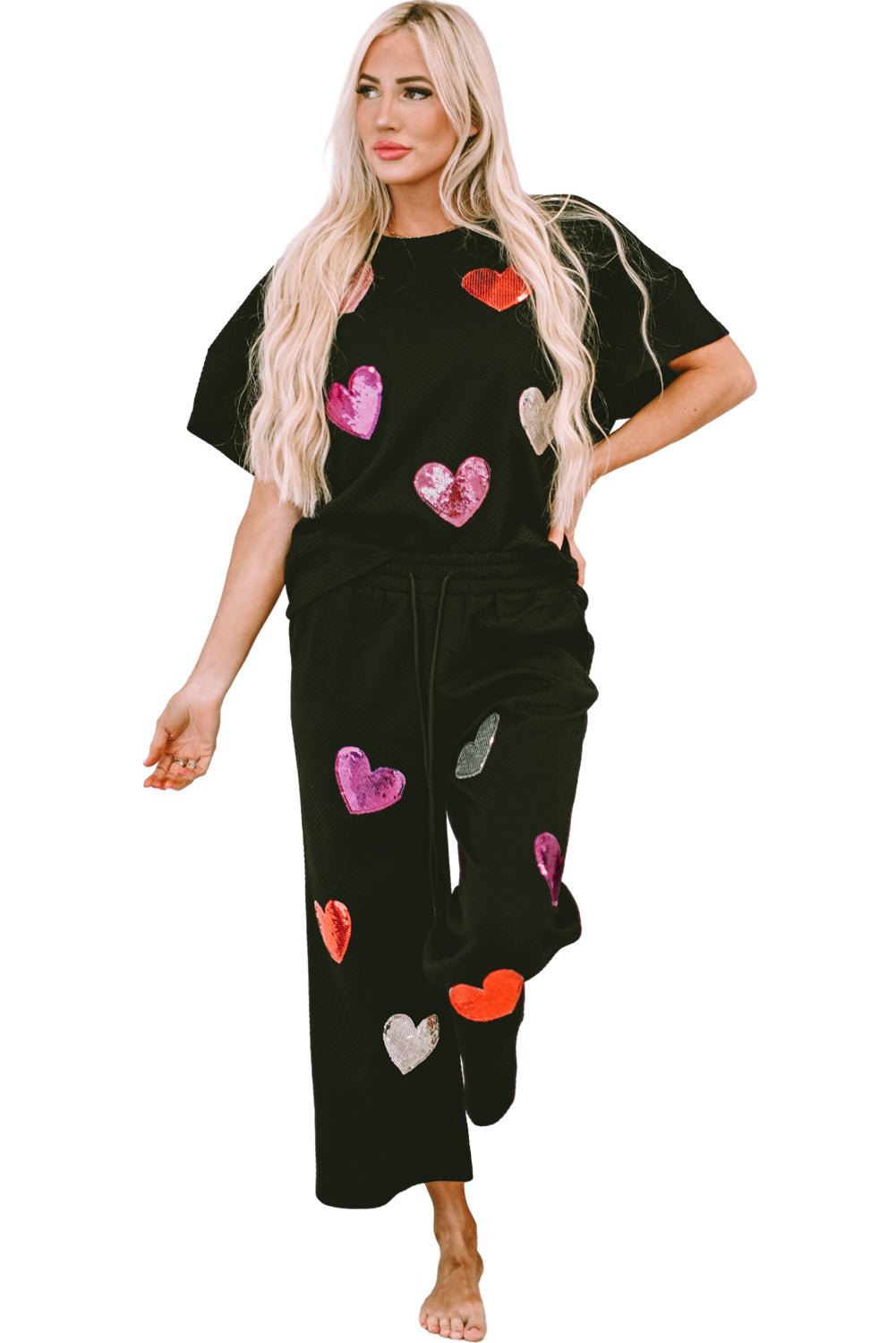 Black Sequin Heart Popping Graphic Textured 2pcs Outfit Graphic Sets JT's Designer Fashion