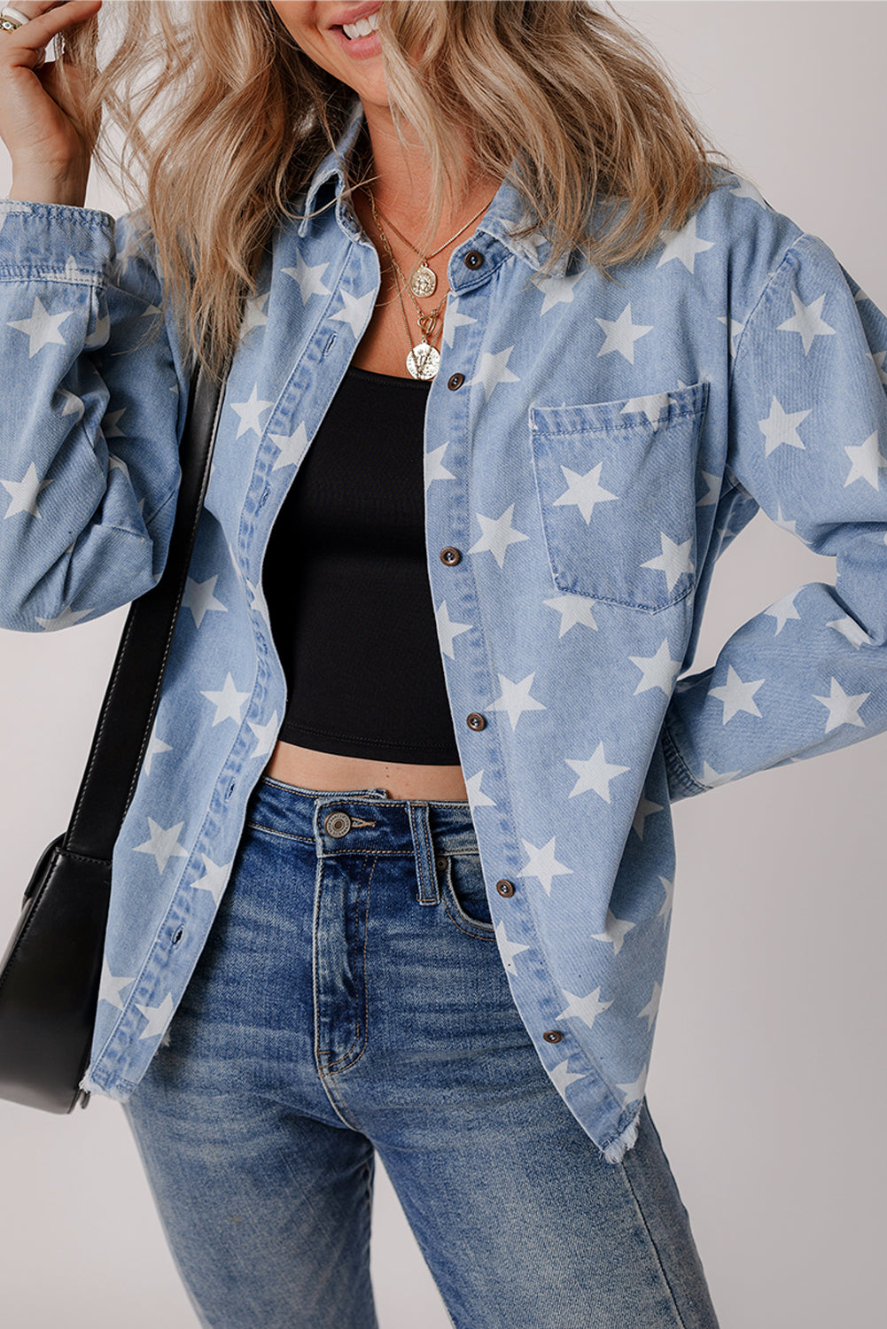 Sky Blue Star Print Light Wash Raw Hem Denim Jacket Denim Jackets JT's Designer Fashion