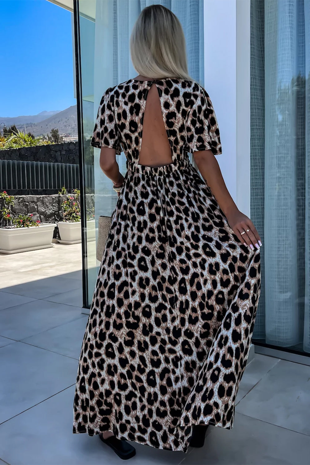 Khaki Leopard V Neck Cinched High Waist Open Back Long Dress Maxi Dresses JT's Designer Fashion