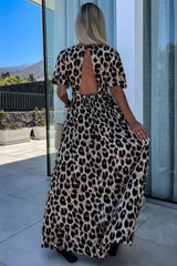 Khaki Leopard V Neck Cinched High Waist Open Back Long Dress Maxi Dresses JT's Designer Fashion