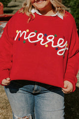 Fiery Red Merry Graphic Christmas Plus Size Sweater Fiery Red 50%Viscose+28%Polyester+22%Polyamide Plus Size Sweaters & Cardigans JT's Designer Fashion