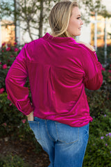 Bright Pink Plus Size Velvet Chest Pocket Drop Shoulder Shirt Plus Size Blouses & Shirts JT's Designer Fashion
