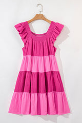 Pink Crinkled Colorblock Patchwork Flutter Tiered Mini Dress Mini Dresses JT's Designer Fashion