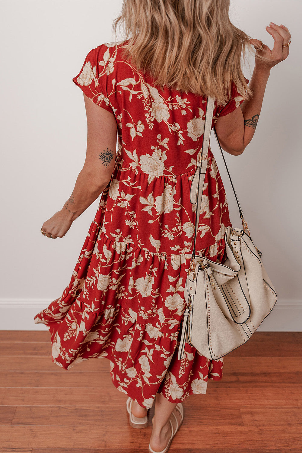 Red Floral Print Buttoned Front V Neck Tiered Short Sleeve Midi Dress Midi Dresses JT's Designer Fashion