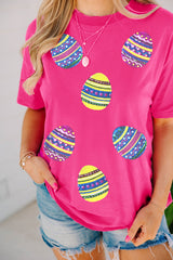 Rose Red Sequin Easter Egg Graphic Casual T Shirt Graphic Tees JT's Designer Fashion