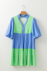 Dark Blue Colorblock Frilled V Neck Puff Half Sleeve Shift Dress Mini Dresses JT's Designer Fashion