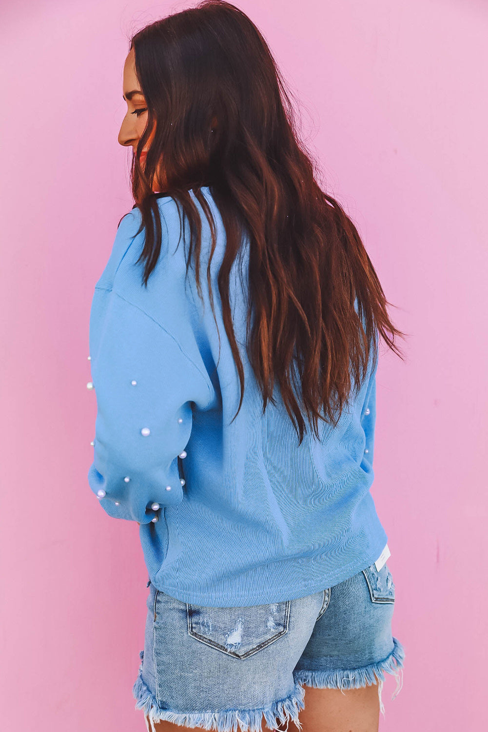 Myosotis Pearled Sleeves Drop Shoulder Round Neck Pullover Sweatshirt Sweatshirts & Hoodies JT's Designer Fashion