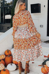 Khaki Floral Print Ruffled Tiered Long Sleeve V Neck Midi Dress Floral Dresses JT's Designer Fashion