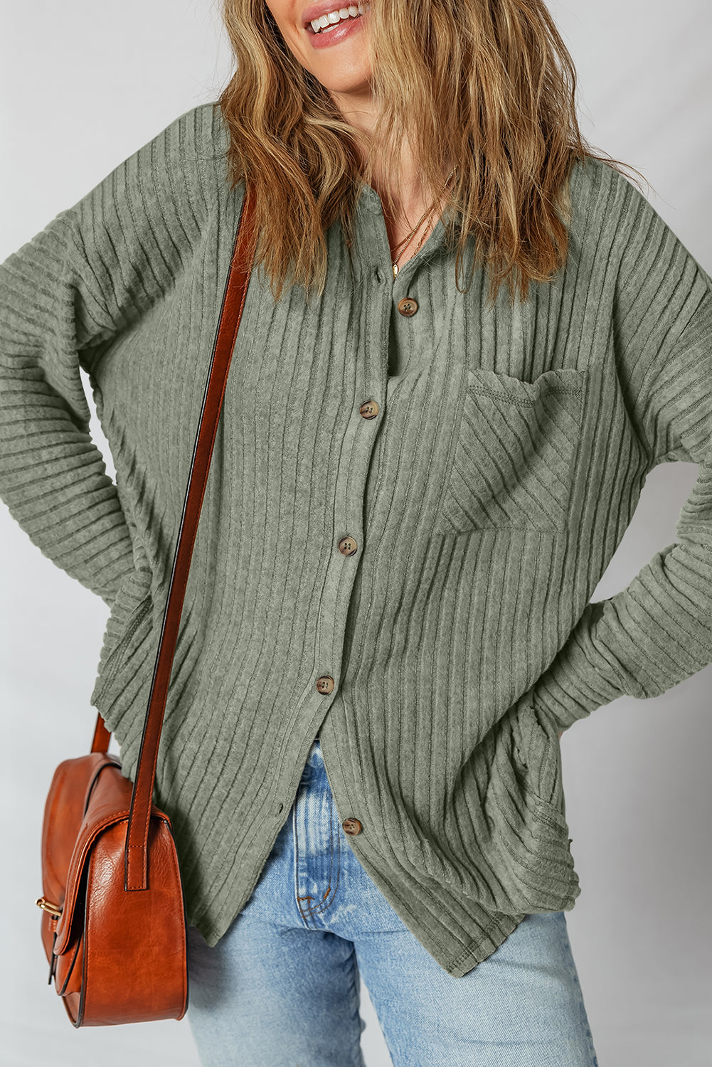 Mist Green Thermal Ribbed Texture Drop Shoulder Button Up Shacket Jackets JT's Designer Fashion