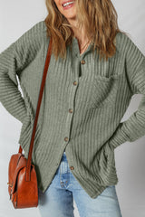 Mist Green Thermal Ribbed Texture Drop Shoulder Button Up Shacket Jackets JT's Designer Fashion