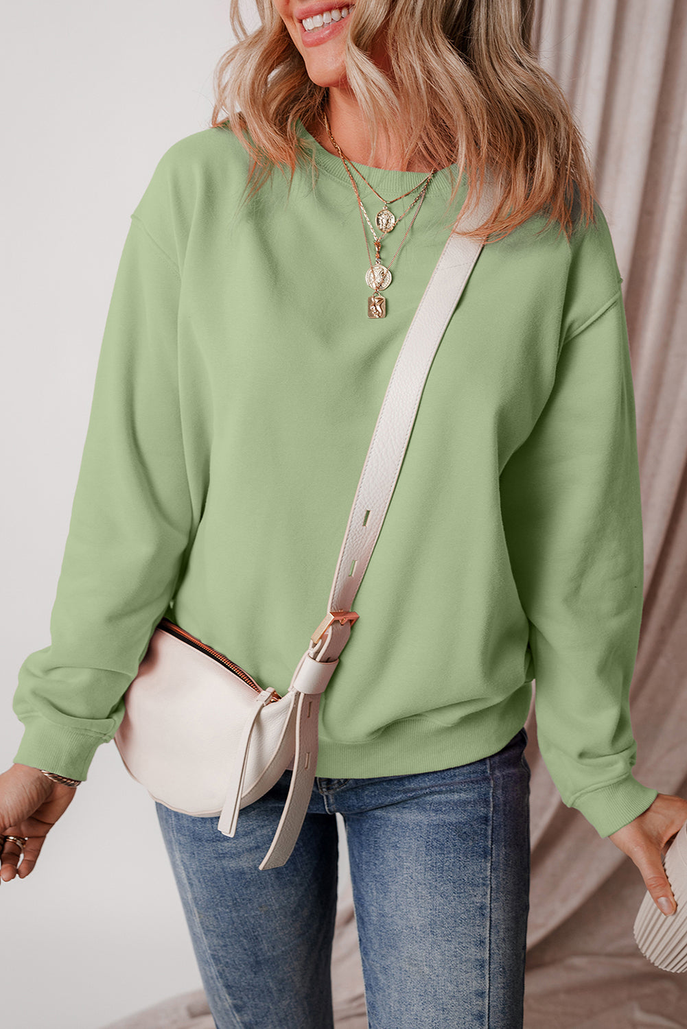 Smoke Green Solid Fleece Lined Drop Shoulder Terry Sweatshirt Sweatshirts & Hoodies JT's Designer Fashion
