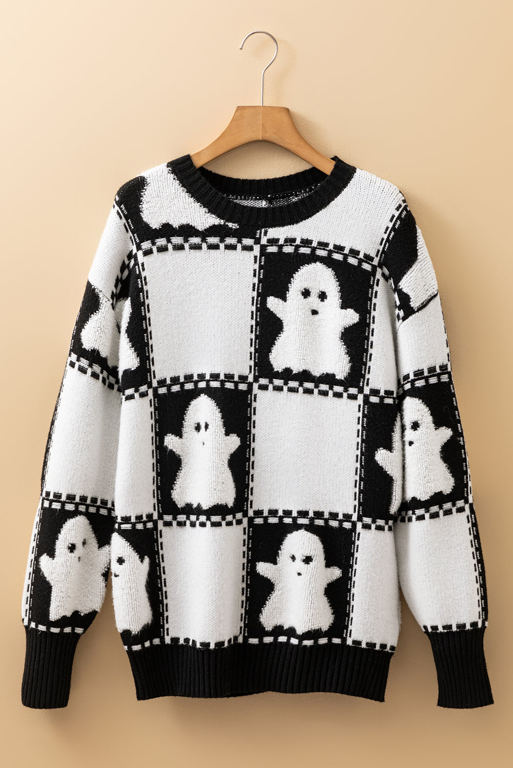 Black Halloween Ghost Checkered Drop Shoulder Sweater Sweaters JT's Designer Fashion