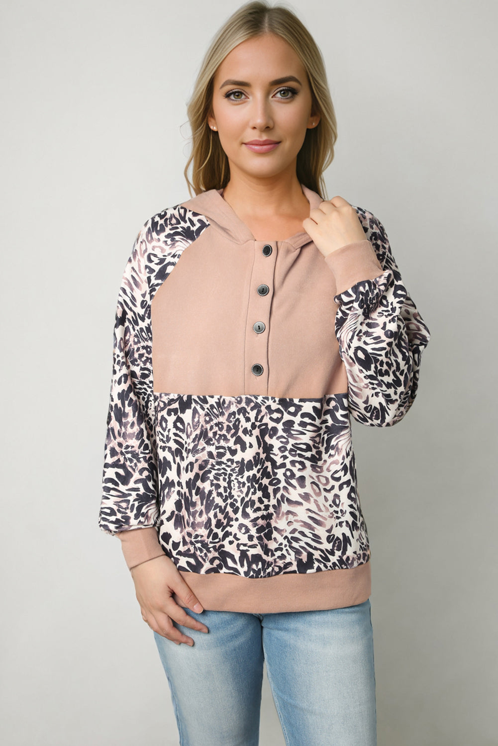 Leopard Print Buttoned Neckline Raglan Sleeve Hoodie Sweatshirts & Hoodies JT's Designer Fashion