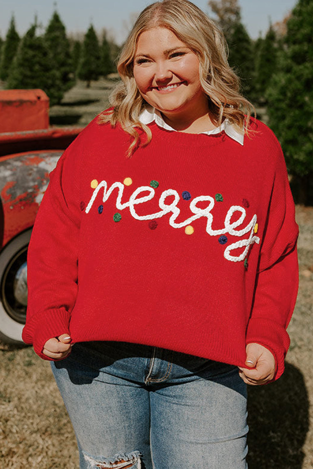 Fiery Red Merry Graphic Christmas Plus Size Sweater Plus Size Sweaters & Cardigans JT's Designer Fashion