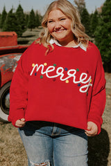 Fiery Red Merry Graphic Christmas Plus Size Sweater Plus Size Sweaters & Cardigans JT's Designer Fashion