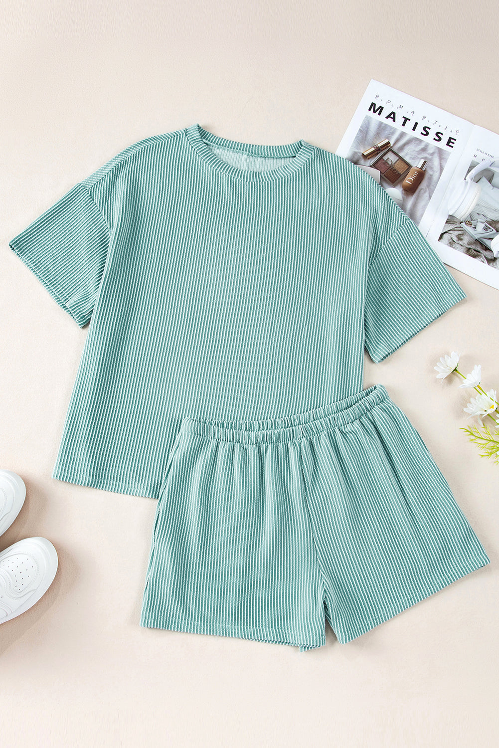 Iceland Blue Ribbed Textured Knit Loose Fit Tee and Shorts Set Short Sets JT's Designer Fashion