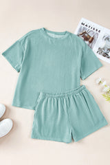 Iceland Blue Ribbed Textured Knit Loose Fit Tee and Shorts Set Short Sets JT's Designer Fashion