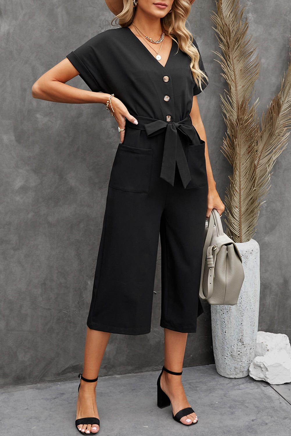 Black Dolman Button Belted V Neck Wide Leg Pocketed Jumpsuit Jumpsuits & Rompers JT's Designer Fashion