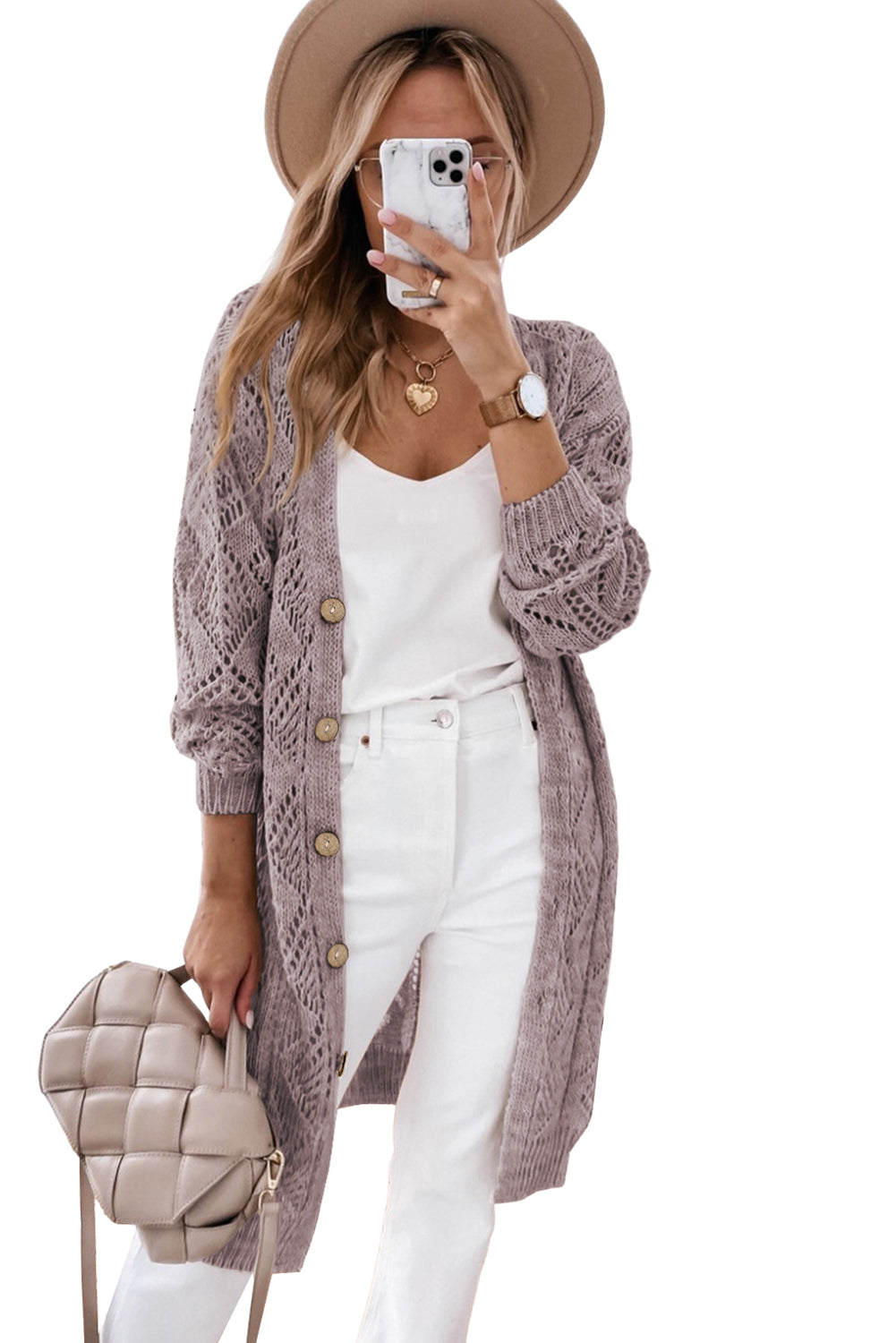 Purple Hollow-out Openwork Knit Cardigan Cardigans JT's Designer Fashion