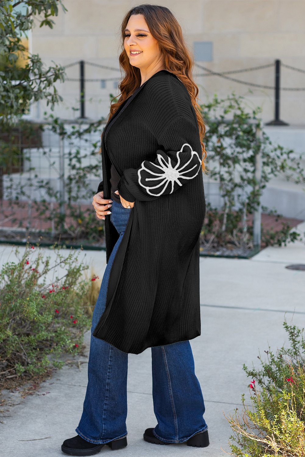 Black Flower Embroidered Drop Shoulder Open Front Duster Cardigan Cardigans JT's Designer Fashion