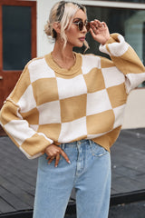 Khaki Checkered Bishop Sleeve Sweater Sweaters & Cardigans JT's Designer Fashion