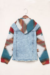 Multicolor Aztec Print Frayed Hem Denim Jacket Denim Jackets JT's Designer Fashion