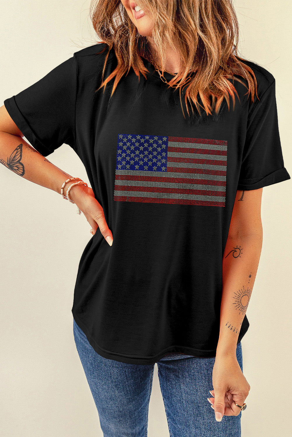 Black Rhinestone American Flag Round Neck Casual Tee Graphic Tees JT's Designer Fashion