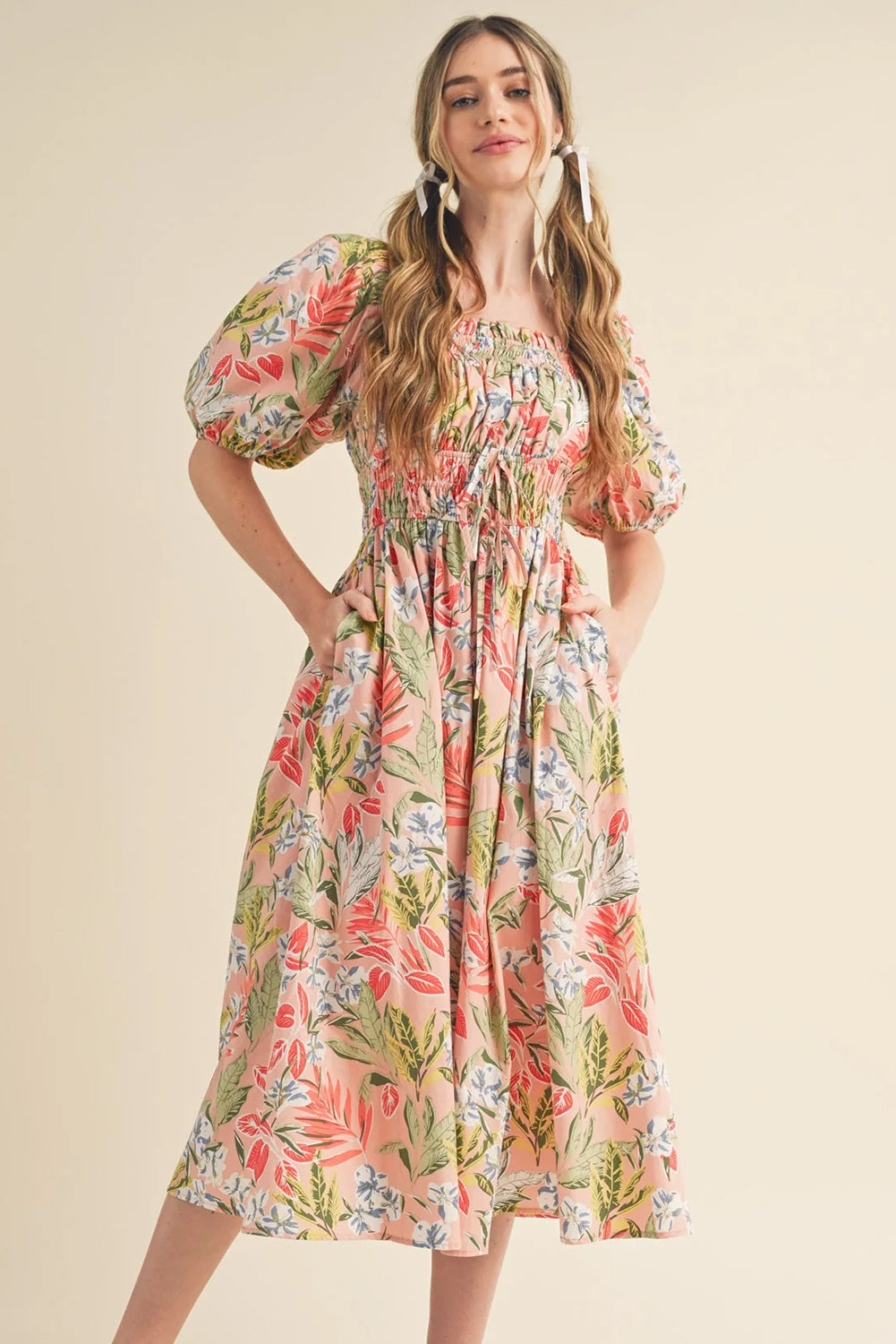 Apricot Pink Floral Smocked Bust Bubble Short Sleeve Long Dress Maxi Dresses JT's Designer Fashion