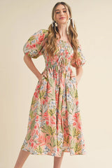 Apricot Pink Floral Smocked Bust Bubble Short Sleeve Long Dress Maxi Dresses JT's Designer Fashion