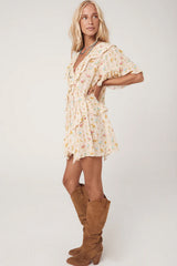 Apricot Boho Floral Tassel Tie V Neck Ruffle Wide Sleeve Mini Dress Floral Dresses JT's Designer Fashion
